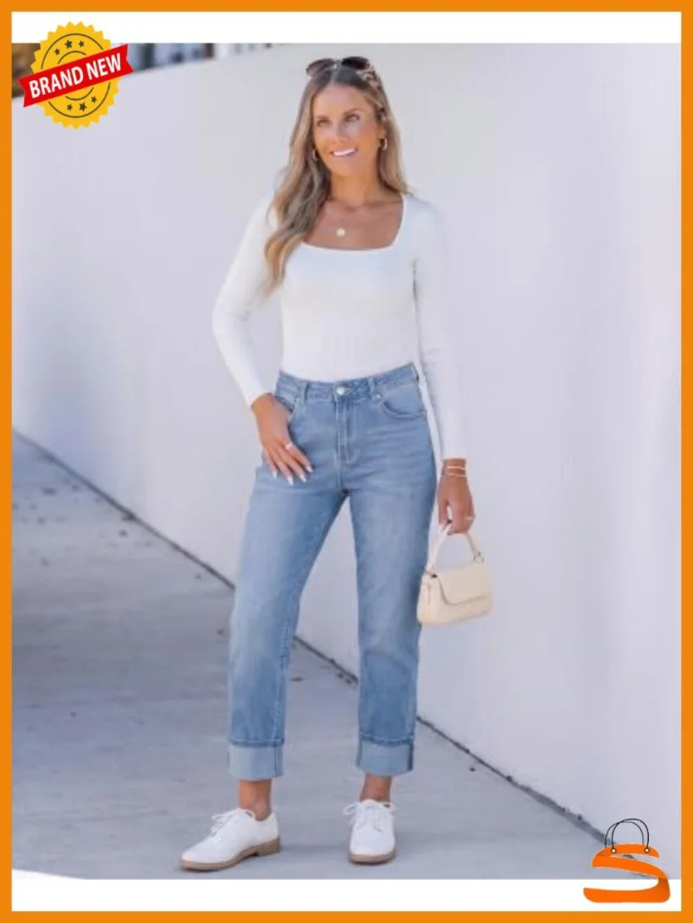High Waist Cropped Straight Leg Jeans Distressed Wash Cuffed Hem Stretch Denim